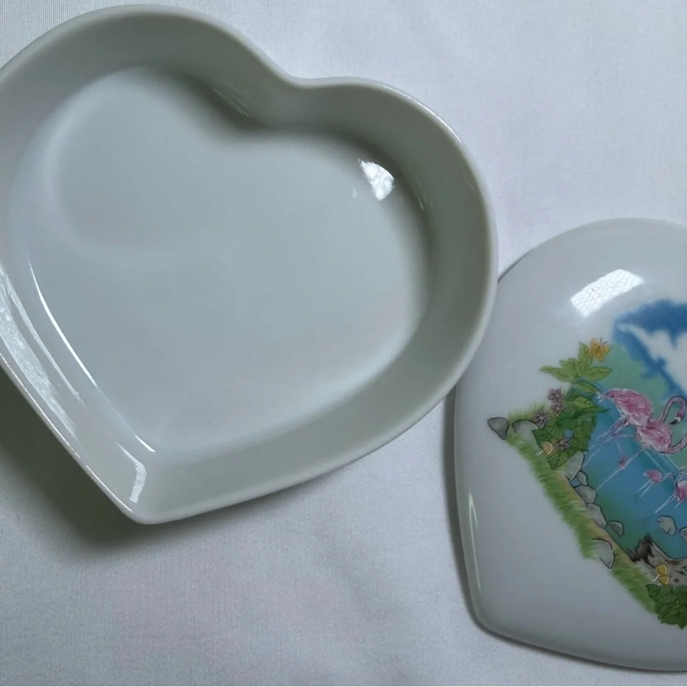 Vintage Papel Japan Flamingo Fantasy Ceramic Heart Jewelry Box Retro Home Decor